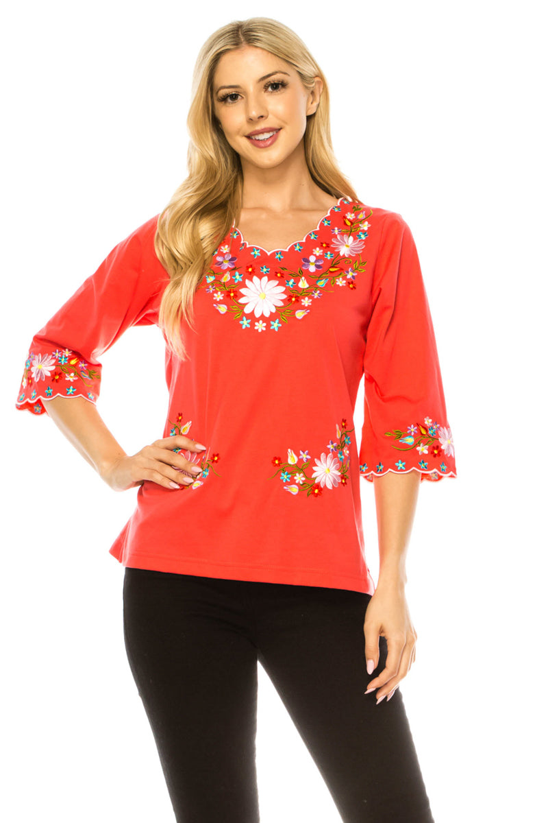Women's Embroidered Cotton Blend Bohemian Blouses 3/4 Sleeves