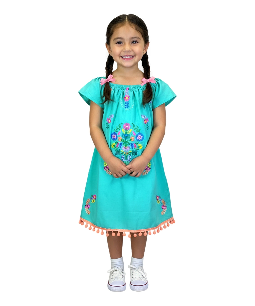 Unik Little Girls Mexican Embroidered Dress Mint DR2141