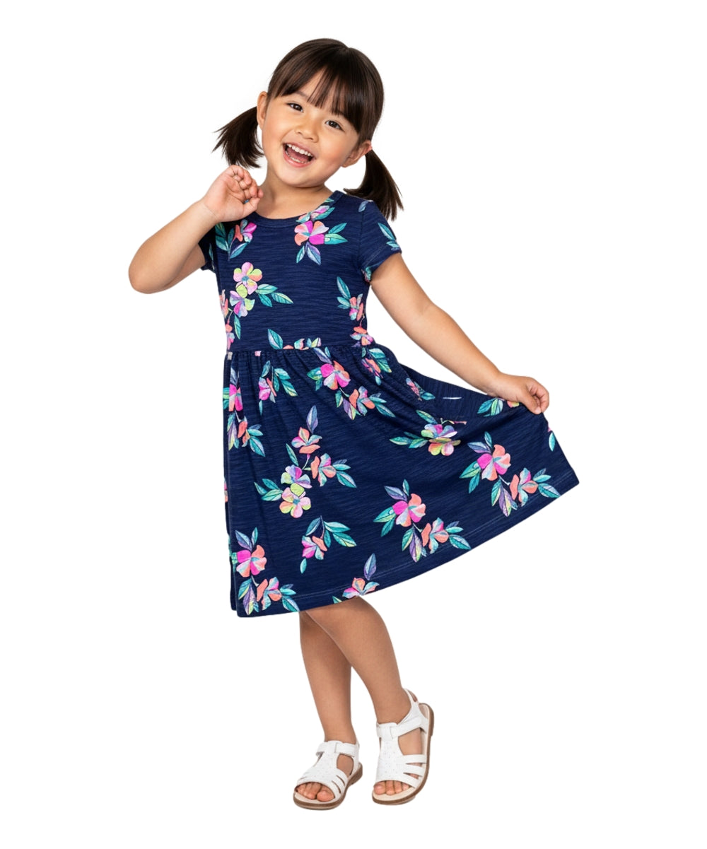 Tropical Fun Floral Cotton Dress Navy Fuchsia DR2237 – unik Retail