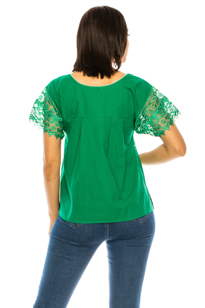 Traditional Mexican Women Blouse With Laced Sleeves Black MT802