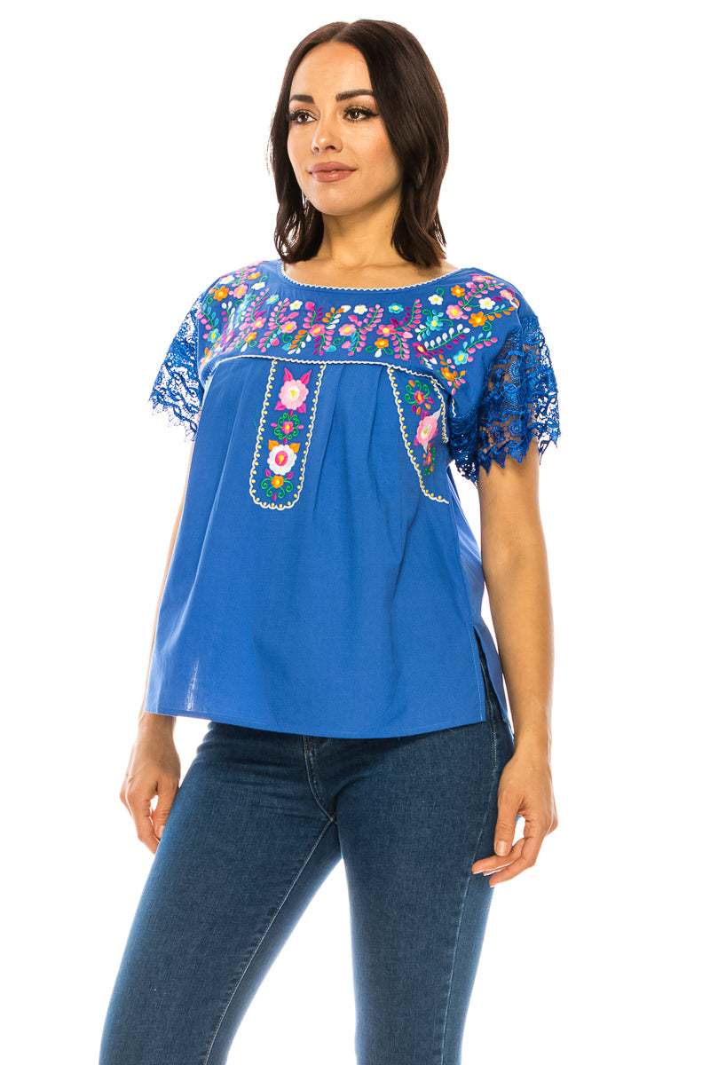 Traditional Mexican Women Blouse With Laced Sleeves Black MT802