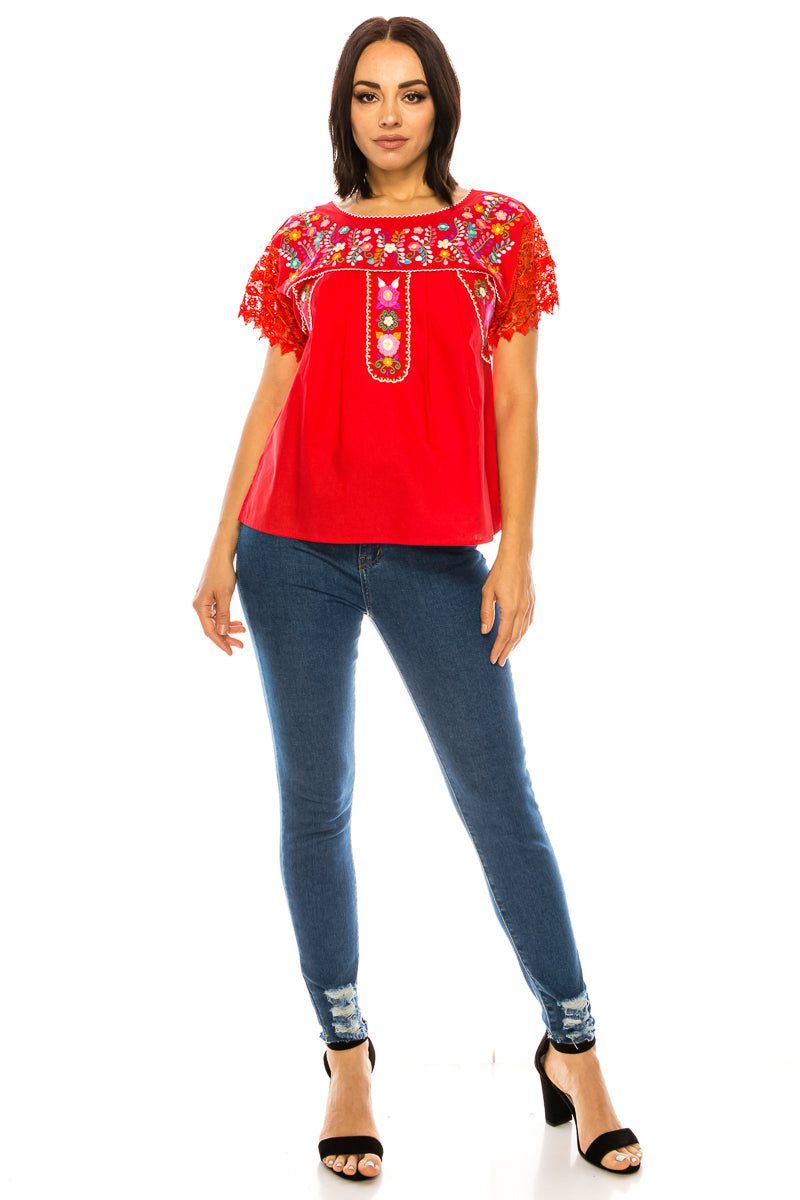 Traditional Mexican Women Blouse With Laced Sleeves Royal MT802