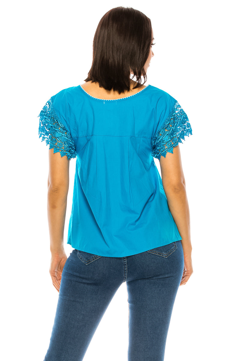 Traditional Mexican Women Blouse With Laced Sleeves Turquoise  MT802