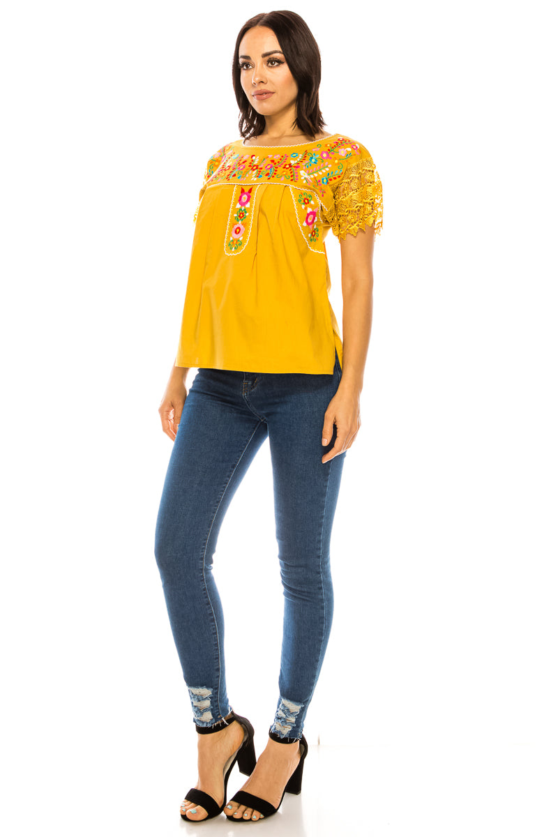 Traditional Mexican Women Blouse With Laced Sleeves Turquoise  MT802