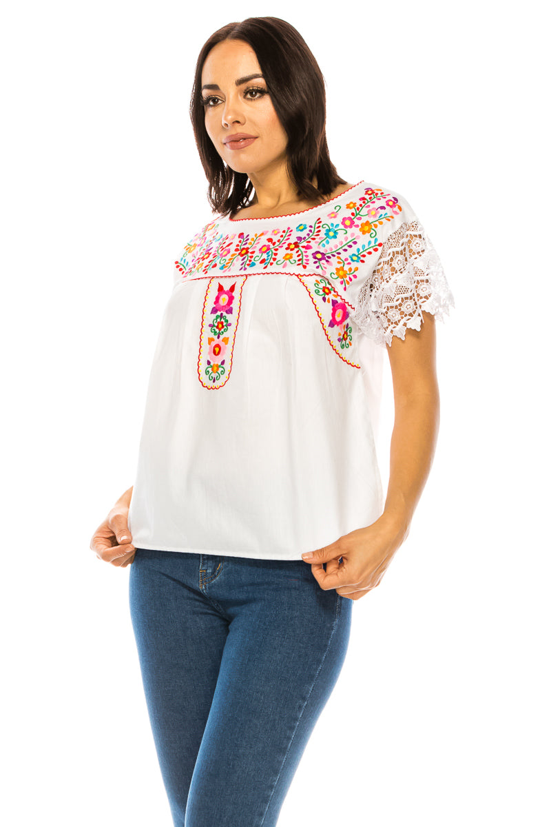 Traditional Mexican Women Blouse With Laced Sleeves Turquoise  MT802