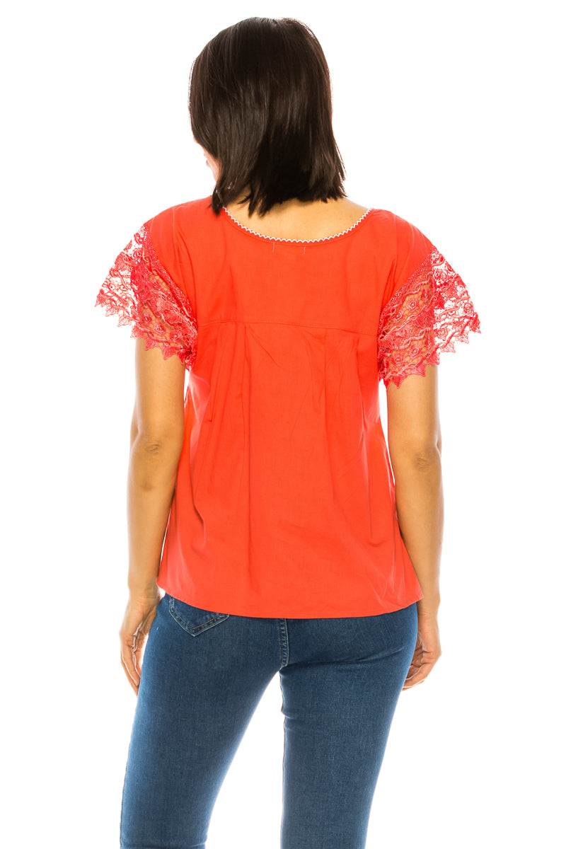 Traditional Mexican Women Blouse With Laced Sleeves White  MT802