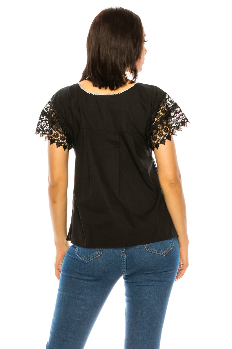 Traditional Mexican Women Blouse With Laced Sleeves Black MT802