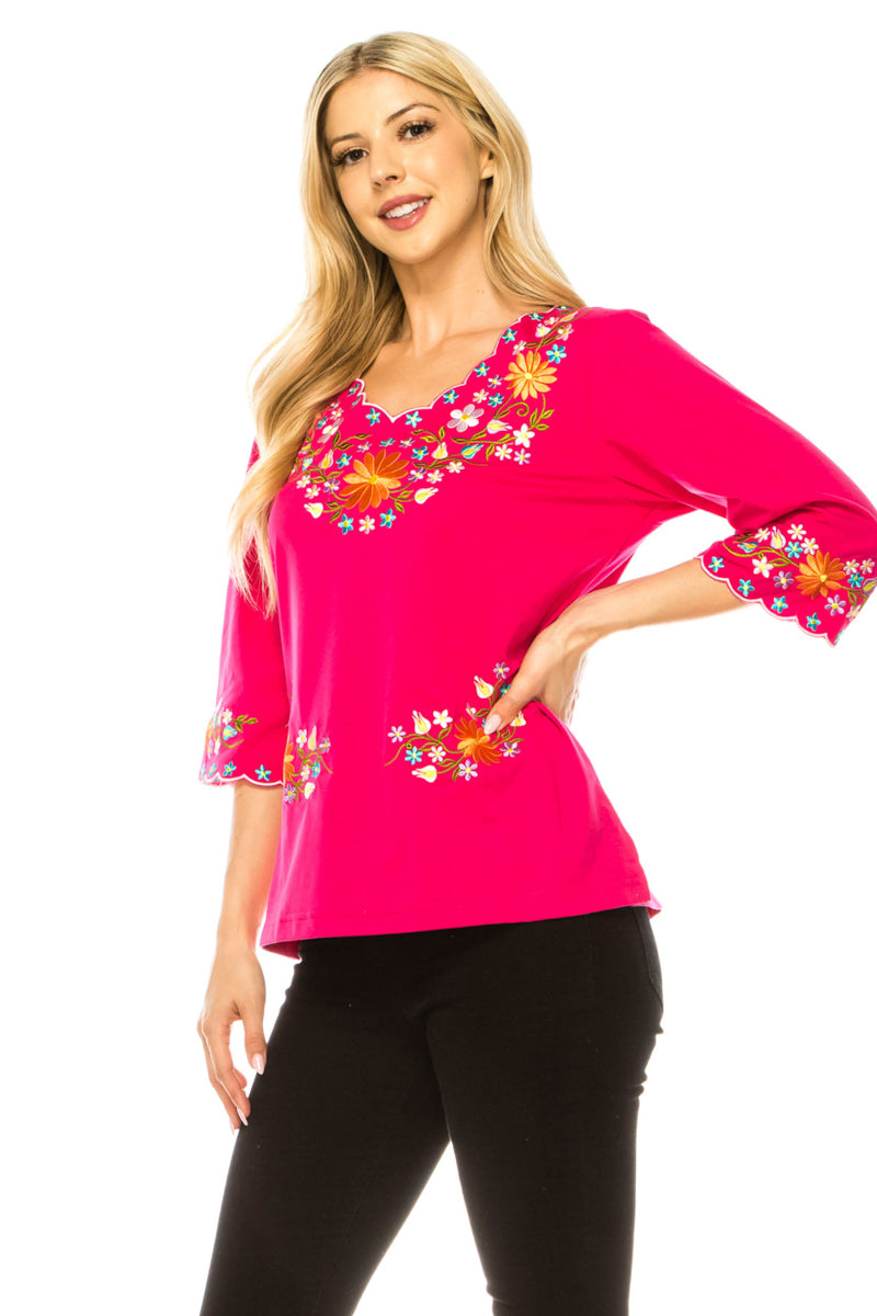 Women’s Embroidered Cotton Blend Bohemian Blouses 3/4 Sleeves Red MT804