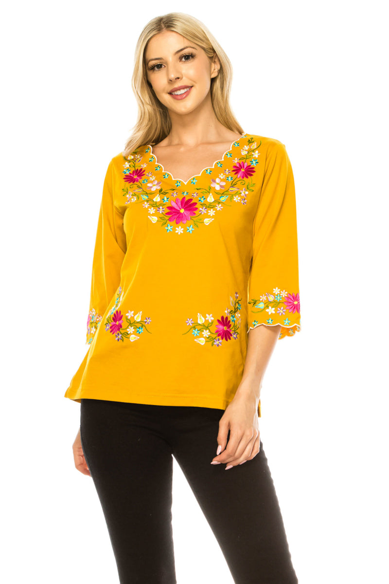 Women’s Embroidered Cotton Blend Bohemian Blouses 3/4 Sleeves White MT804