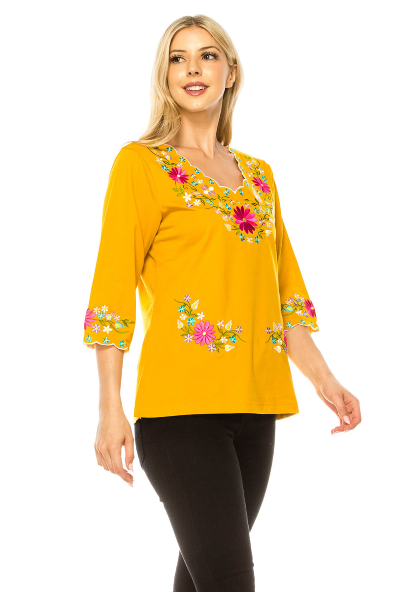 Women’s Embroidered Cotton Blend Bohemian Blouses 3/4 Sleeves White MT804