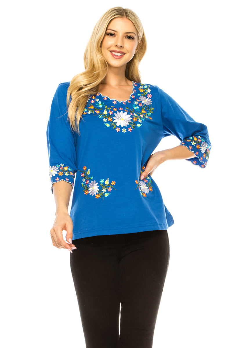 Women’s Embroidered Cotton Blend Bohemian Blouses 3/4 Sleeves White MT804