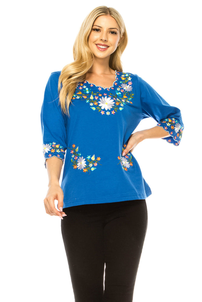 Women’s Embroidered Cotton Blend Bohemian Blouses 3/4 Sleeves Royal MT804