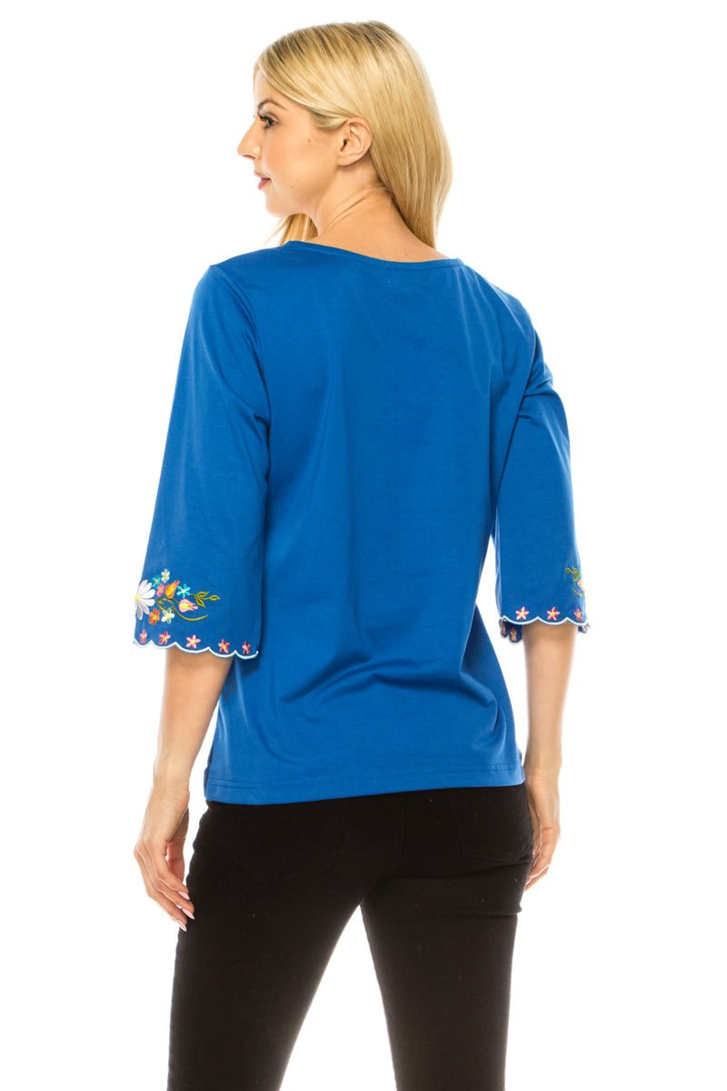 Women’s Embroidered Cotton Blend Bohemian Blouses 3/4 Sleeves White MT804