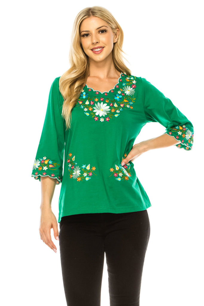 Women’s Embroidered Cotton Blend Bohemian Blouses 3/4 Sleeves Green MT804