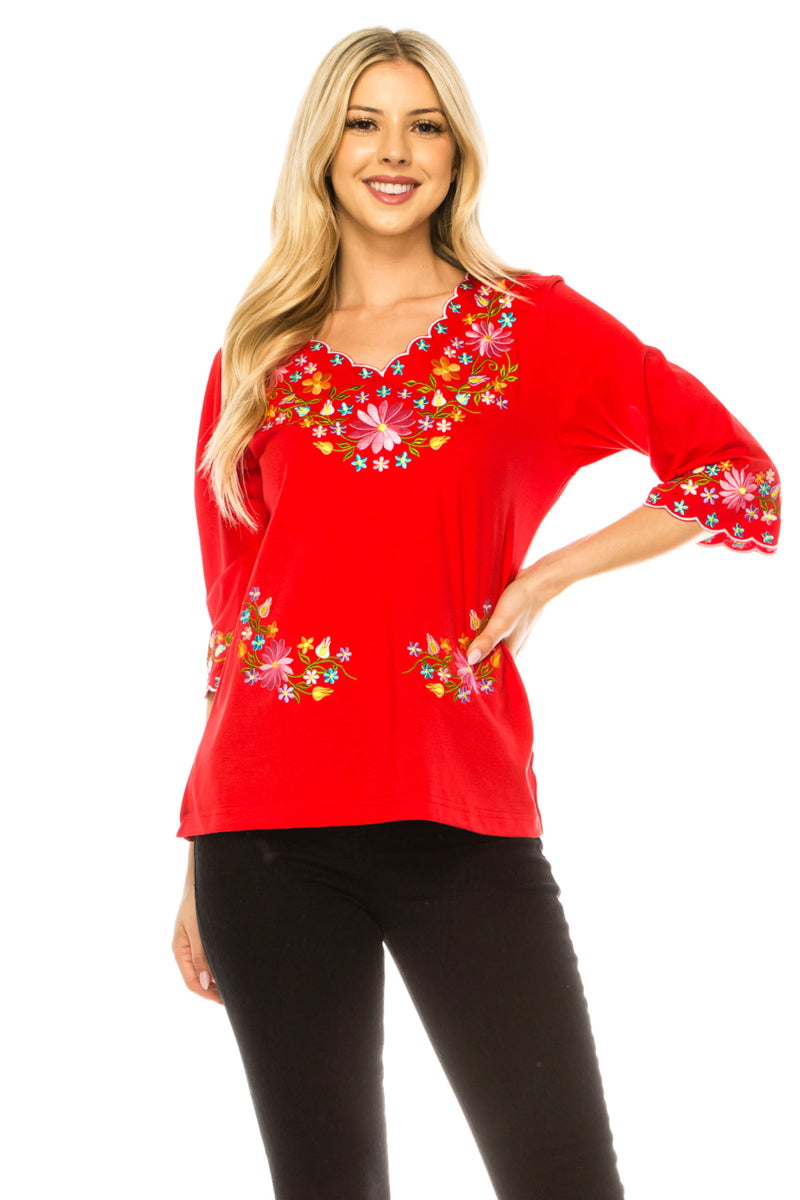 Women’s Embroidered Cotton Blend Bohemian Blouses 3/4 Sleeves Red MT804