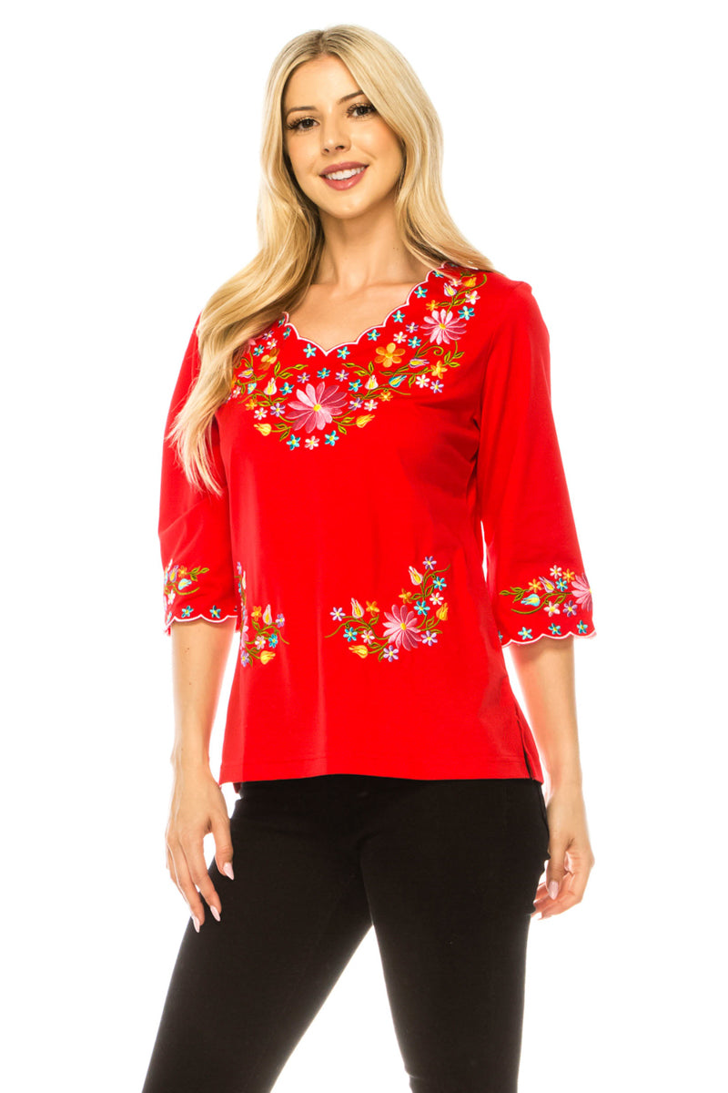 Women's Embroidered Cotton Blend Bohemian Blouses 3/4 Sleeves