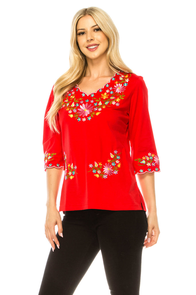 Women’s Embroidered Cotton Blend Bohemian Blouses 3/4 Sleeves Red MT804