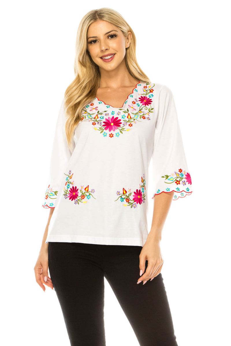 Women’s Embroidered Cotton Blend Bohemian Blouses 3/4 Sleeves White MT804