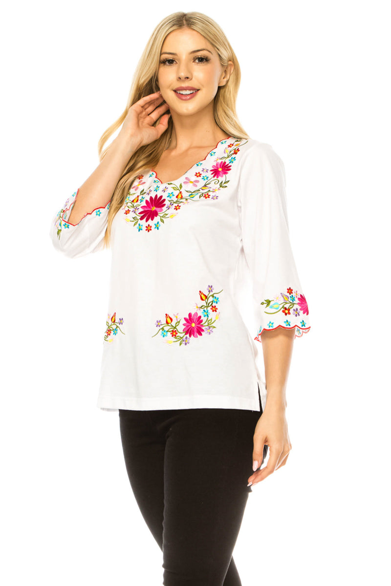 Women’s Embroidered Cotton Blend Bohemian Blouses 3/4 Sleeves White MT804