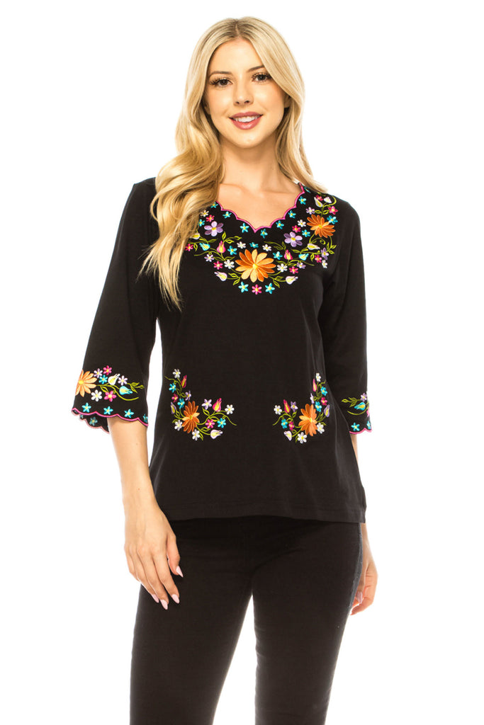 Women’s Embroidered Cotton Blend Bohemian Blouses 3/4 Sleeves Black MT804