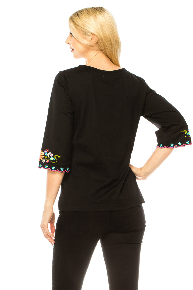 Women’s Embroidered Cotton Blend Bohemian Blouses 3/4 Sleeves Royal MT804