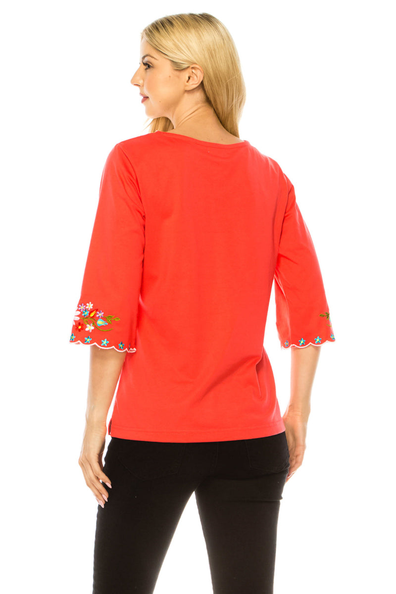 Women’s Embroidered Cotton Blend Bohemian Blouses 3/4 Sleeves Red MT804