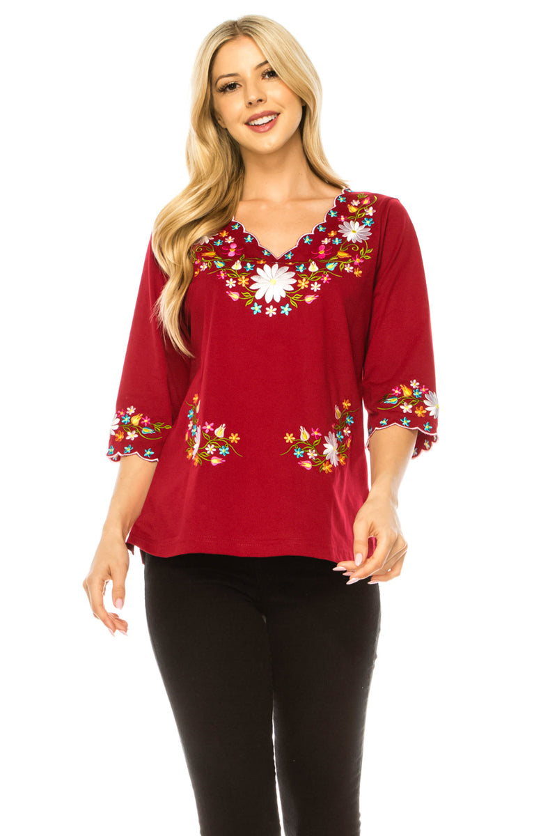 Women’s Embroidered Cotton Blend Bohemian Blouses 3/4 Sleeves White MT804