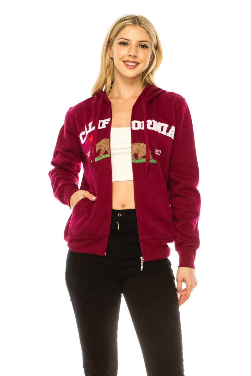 California Republic Women's Zip-Up Warm Fleece Hoodie Burgundy WBT64