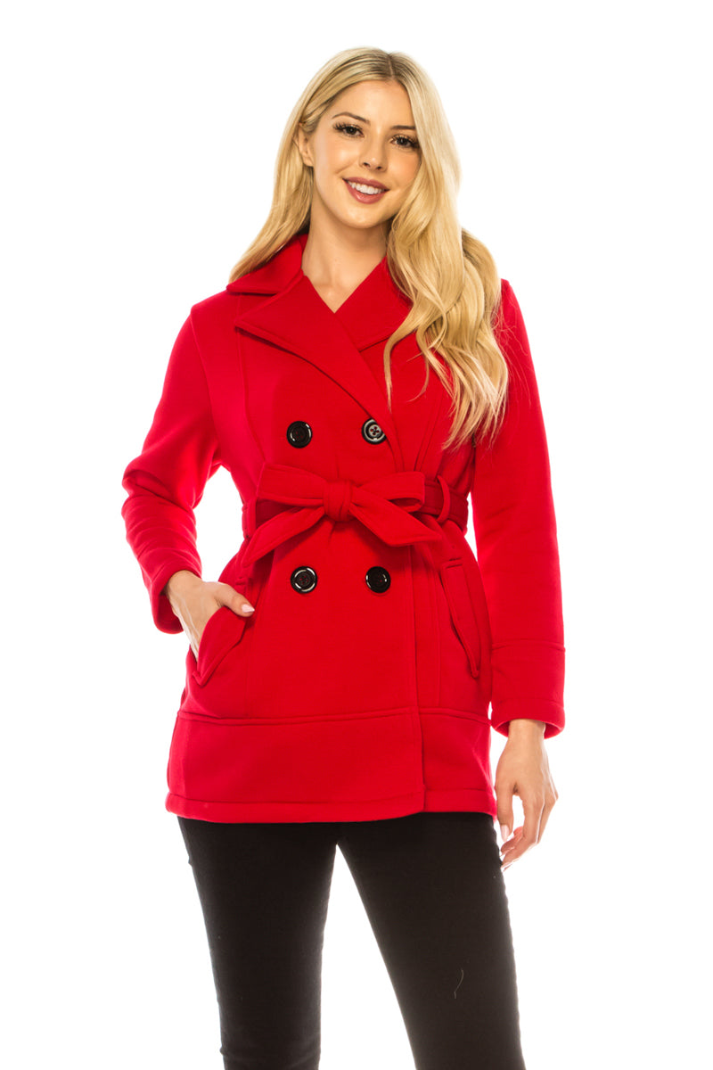 Women Scarlet Double Breasted Fleece Coat with Removable Belt WJ24525