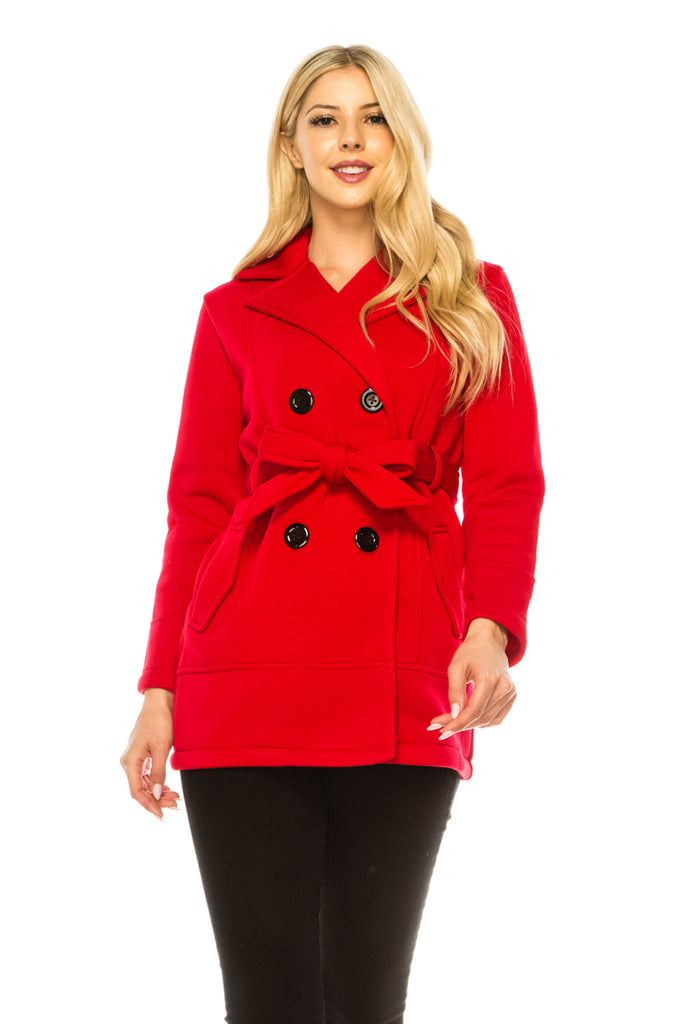 Women Scarlet Double Breasted Fleece Coat with Removable Belt WJ24525