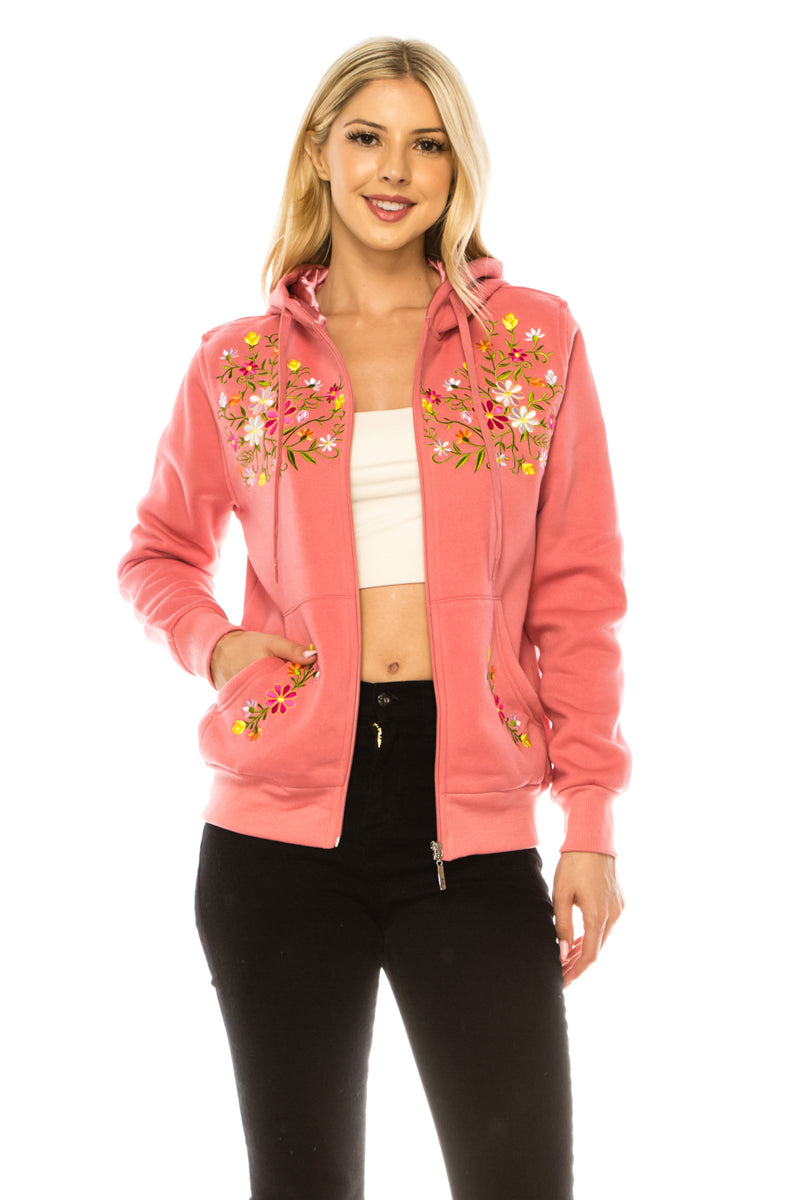 Women's Premium Quality Fleece Flower Embroidered with Satin Lined Hoodie Rose WBT63