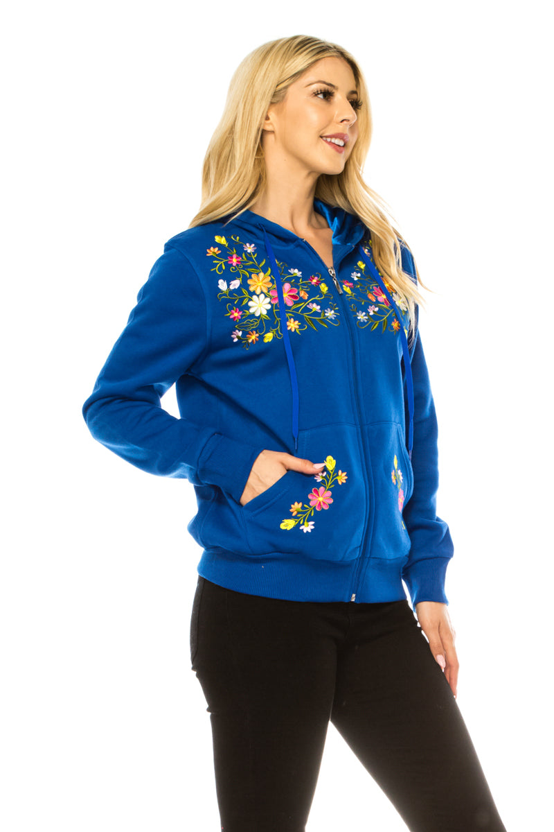 Women's Premium Quality Fleece Flower Embroidered with Satin Lined Hoodie Royal WBT63
