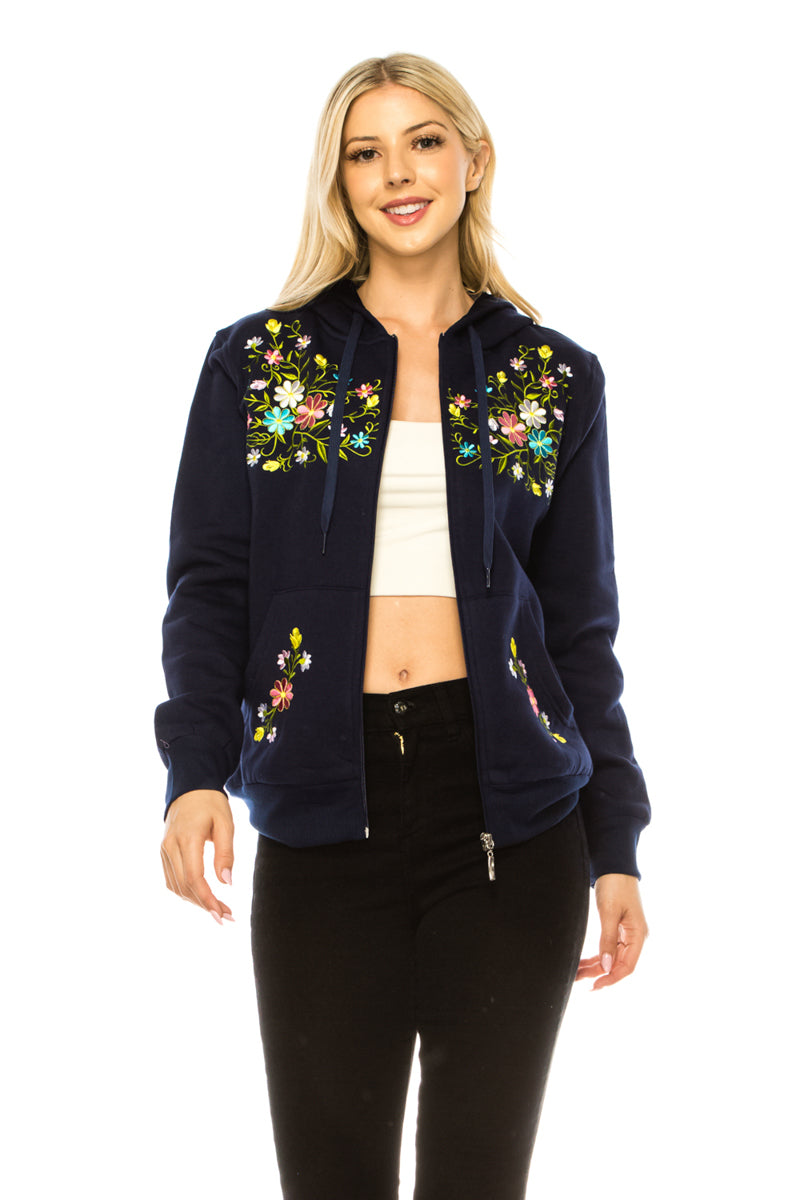 Women's Premium Quality Fleece Flower Embroidered with Satin Lined Hoodie Navy WBT63
