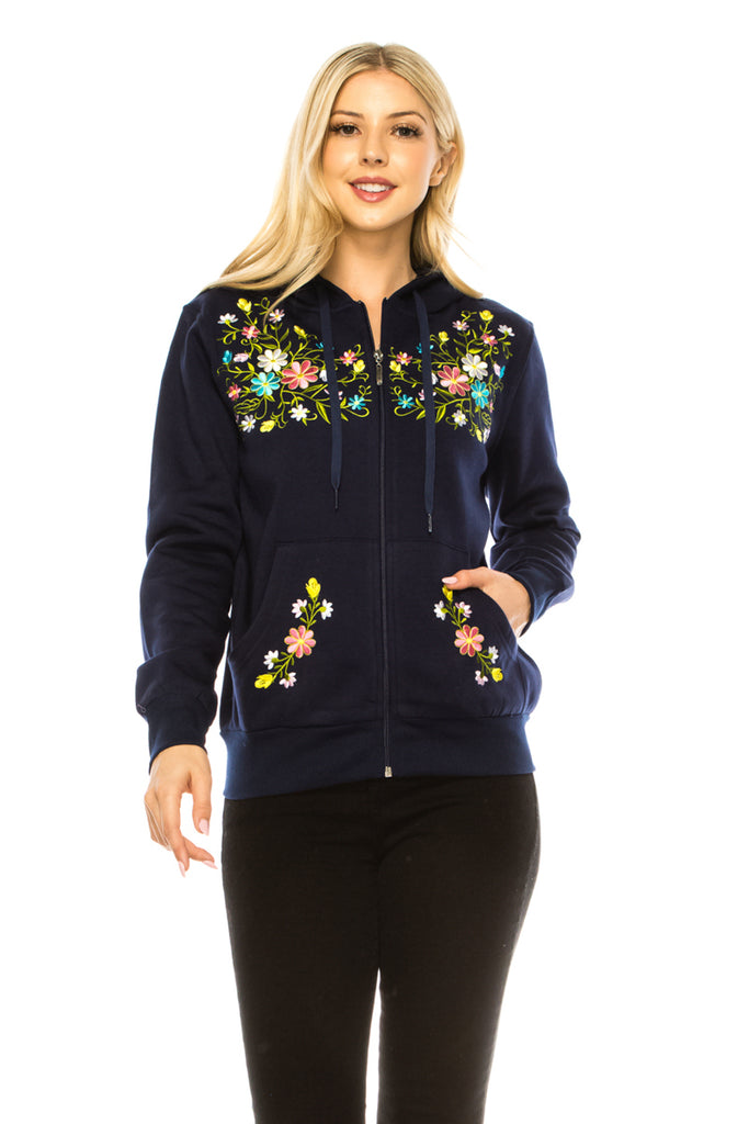 Women's Premium Quality Fleece Flower Embroidered with Satin Lined Hoodie Navy WBT63