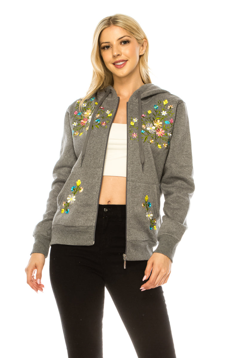 Women's Premium Quality Fleece Flower Embroidered with Satin Lined Hoodie D. Grey WBT63