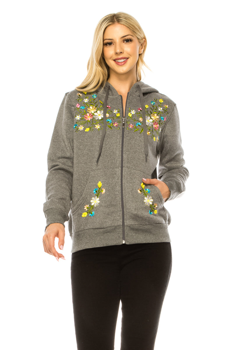 Women's Premium Quality Fleece Flower Embroidered with Satin Lined Hoodie D. Grey WBT63