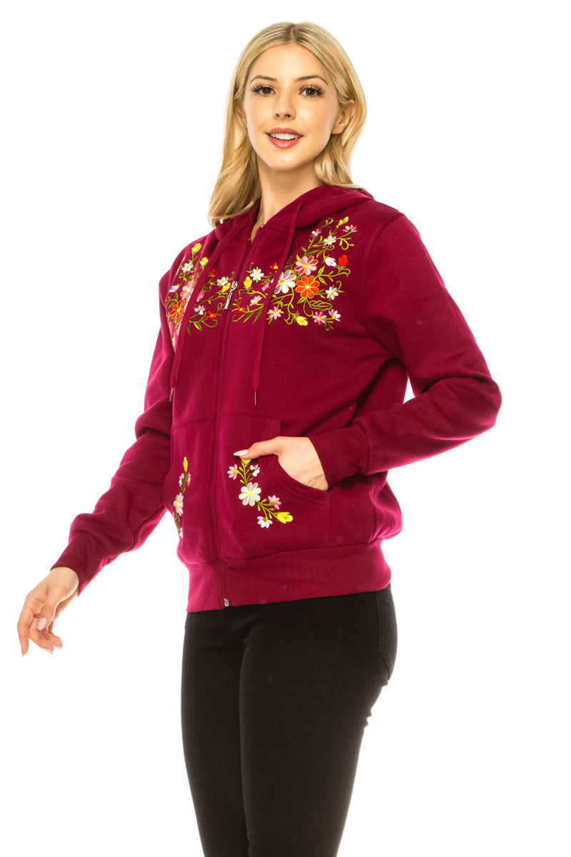 Women's Premium Quality Fleece Flower Embroidered with Satin Lined Hoodie Burgundy WBT63