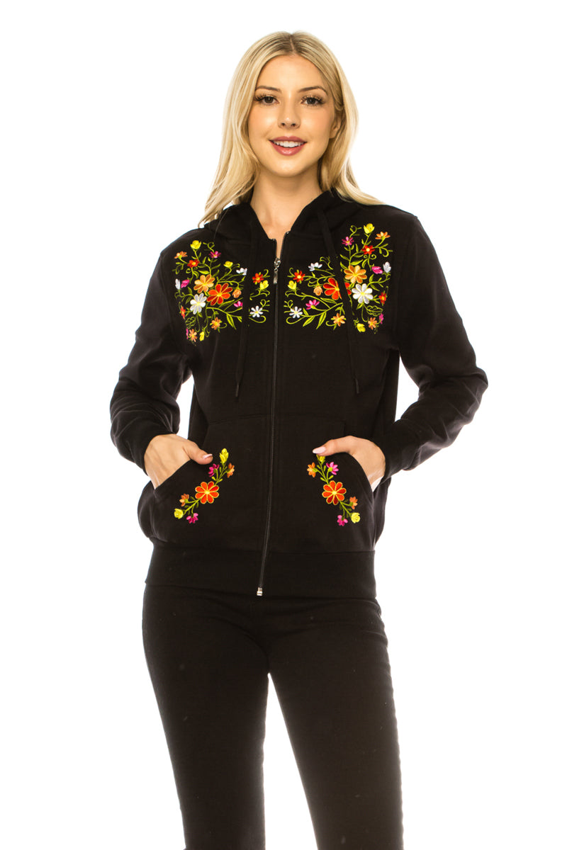 Women's Premium Quality Fleece Flower Embroidered with Satin Lined Hoodie Black WBT63