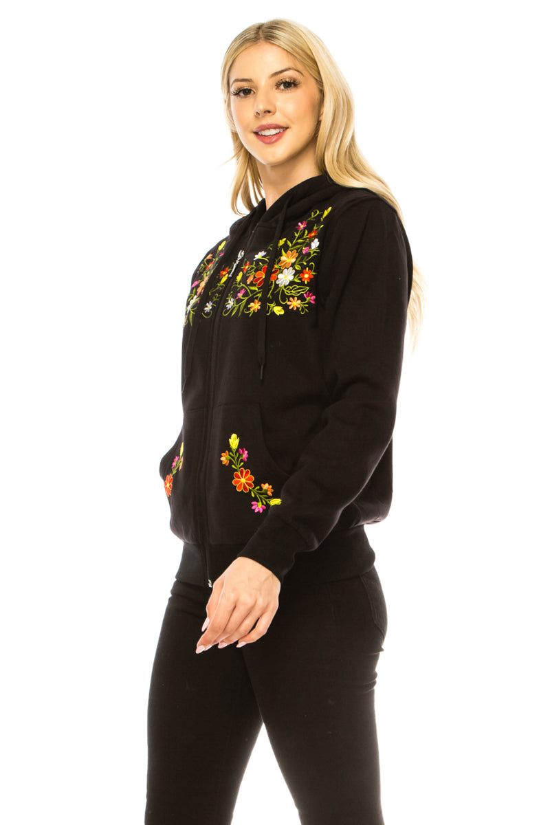 Women's Premium Quality Fleece Flower Embroidered with Satin Lined Hoodie Black WBT63