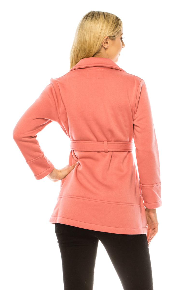 Women Scarlet Double Breasted Fleece Coat with Removable Belt WJ24525