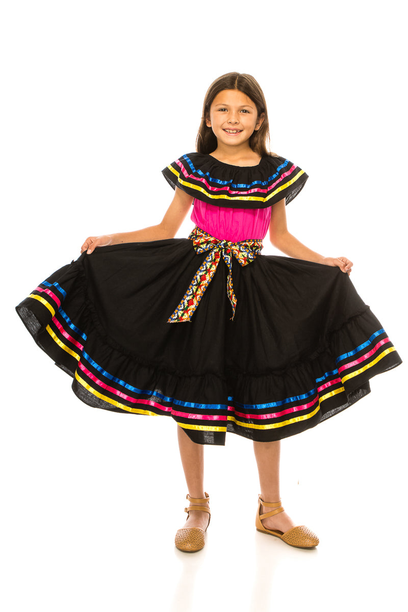 Girls Traditional Mexican Folkloric Dress with Colorful Ribbon Trim Bl – unik Retail