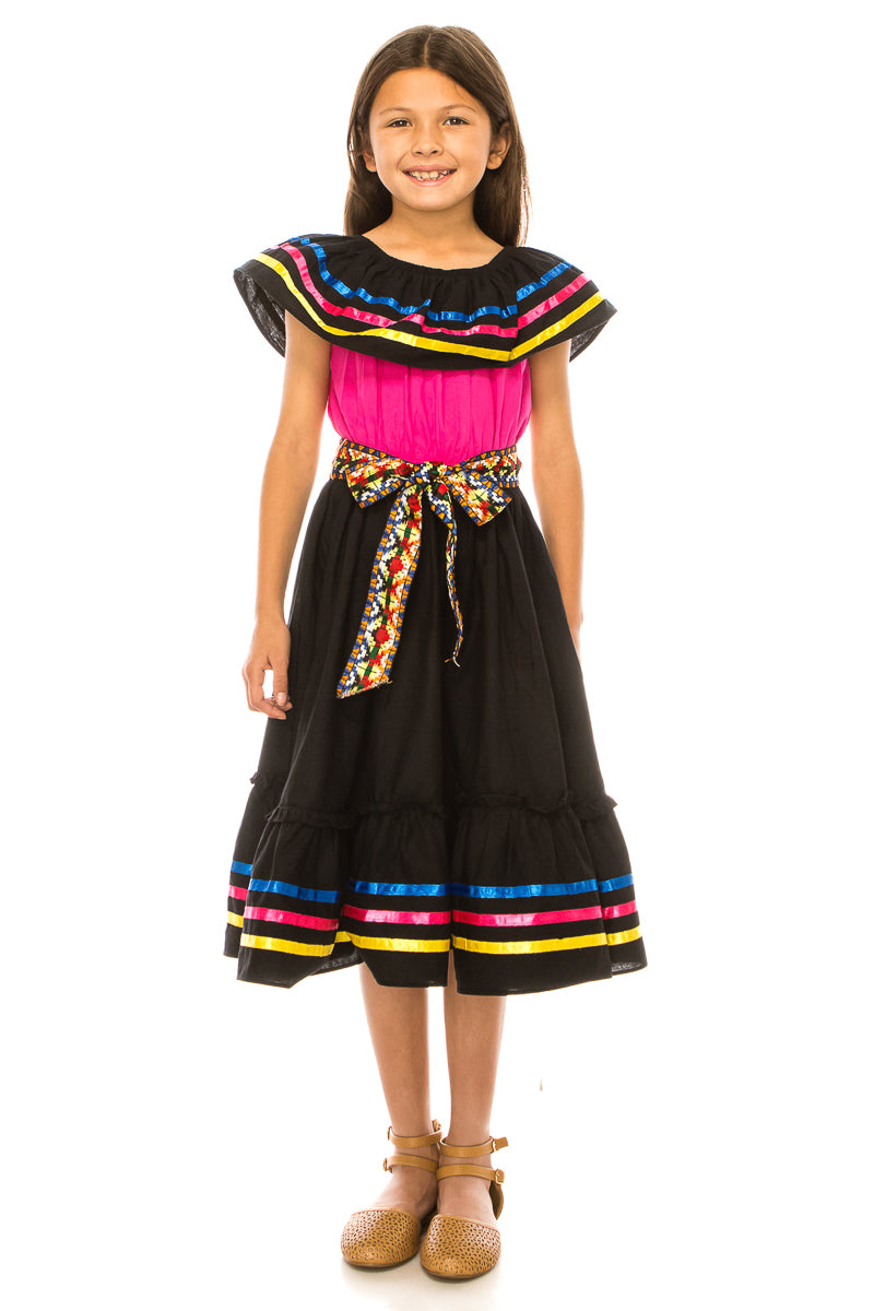 Girls Traditional Mexican Folkloric Dress with Colorful Ribbon Trim Royal Blue DR2031