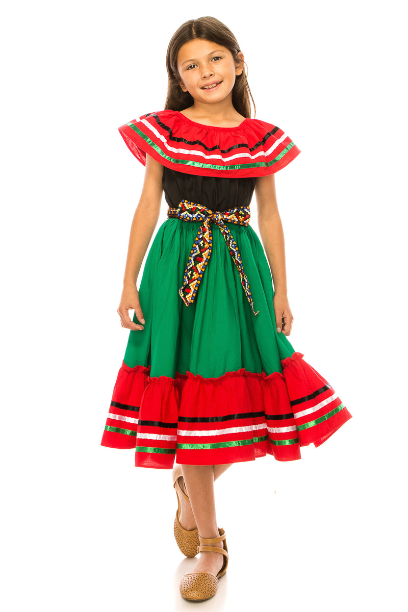 Girls Traditional Mexican Folkloric Dress with Colorful Ribbon Trim Black Pink DR2031