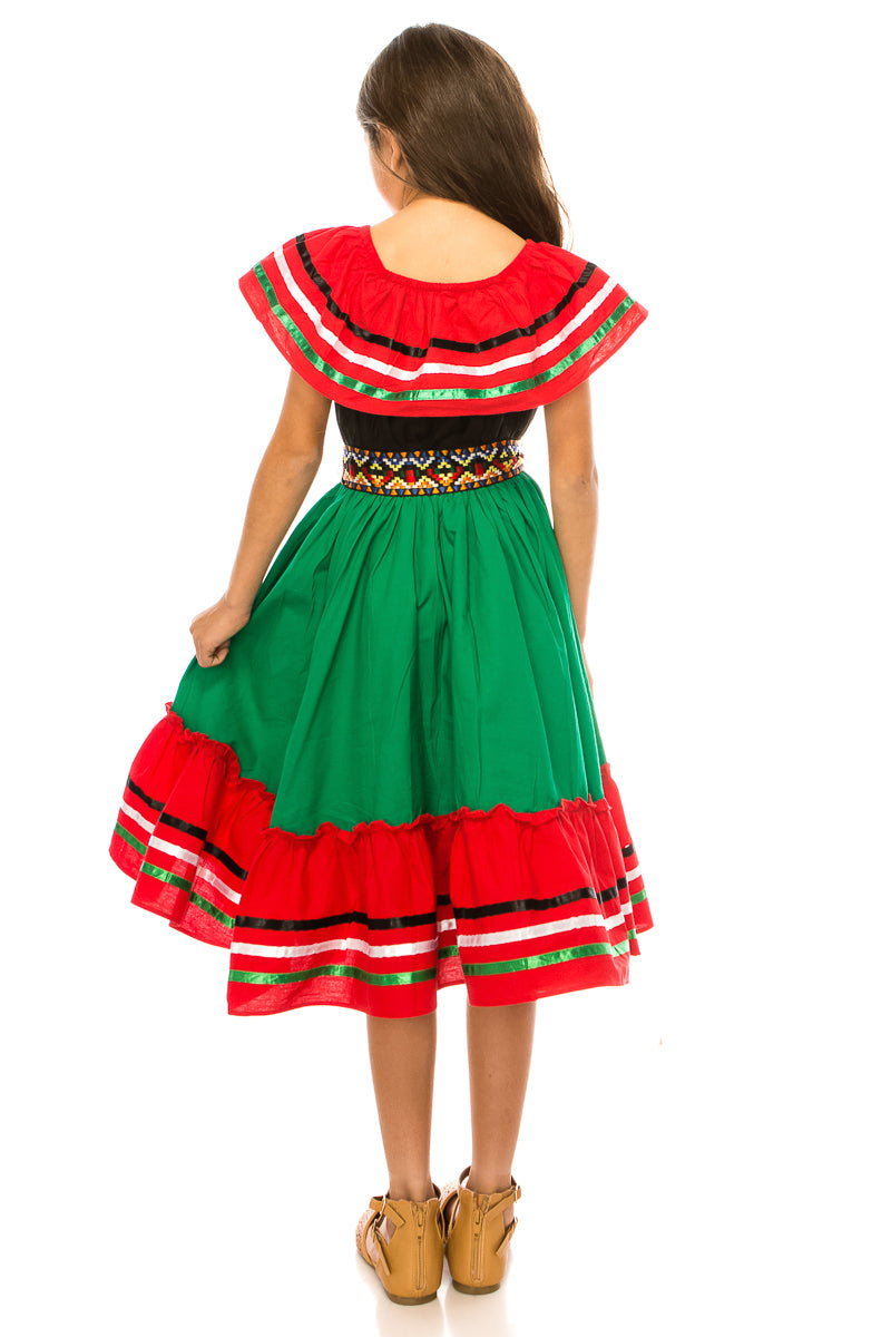 Girls Traditional Mexican Folkloric Dress with Colorful Ribbon Trim Black Pink DR2031