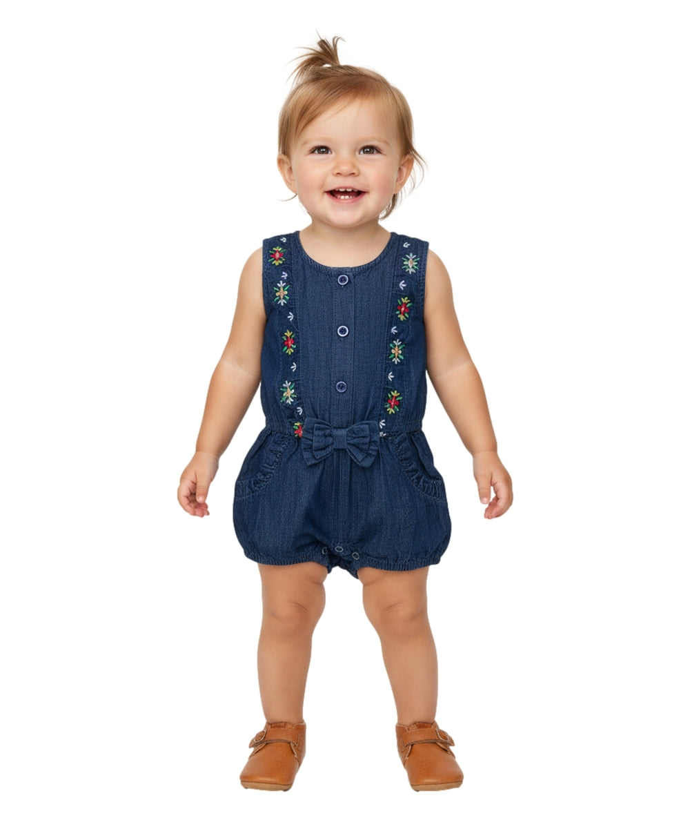 Girl Flower Embroidery Girl Romper Chambray BD19203