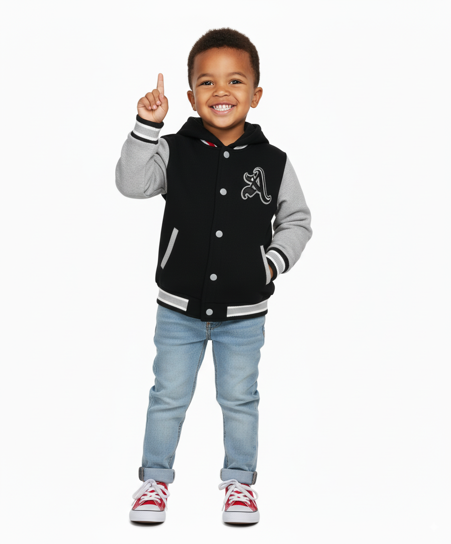 Boys Varsity Jacket with Letter A  Embroidery Black BJ1988