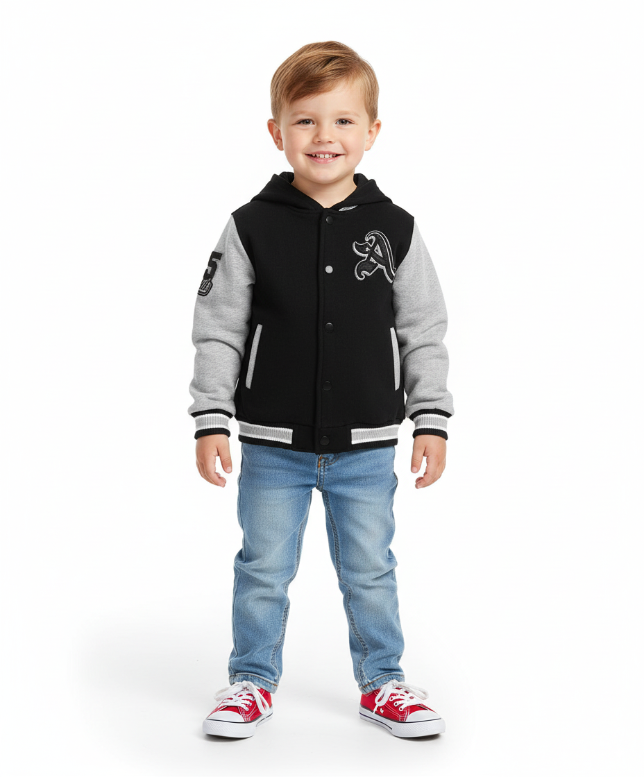 Boys Varsity Jacket with Letter A  Embroidery Black BJ1988