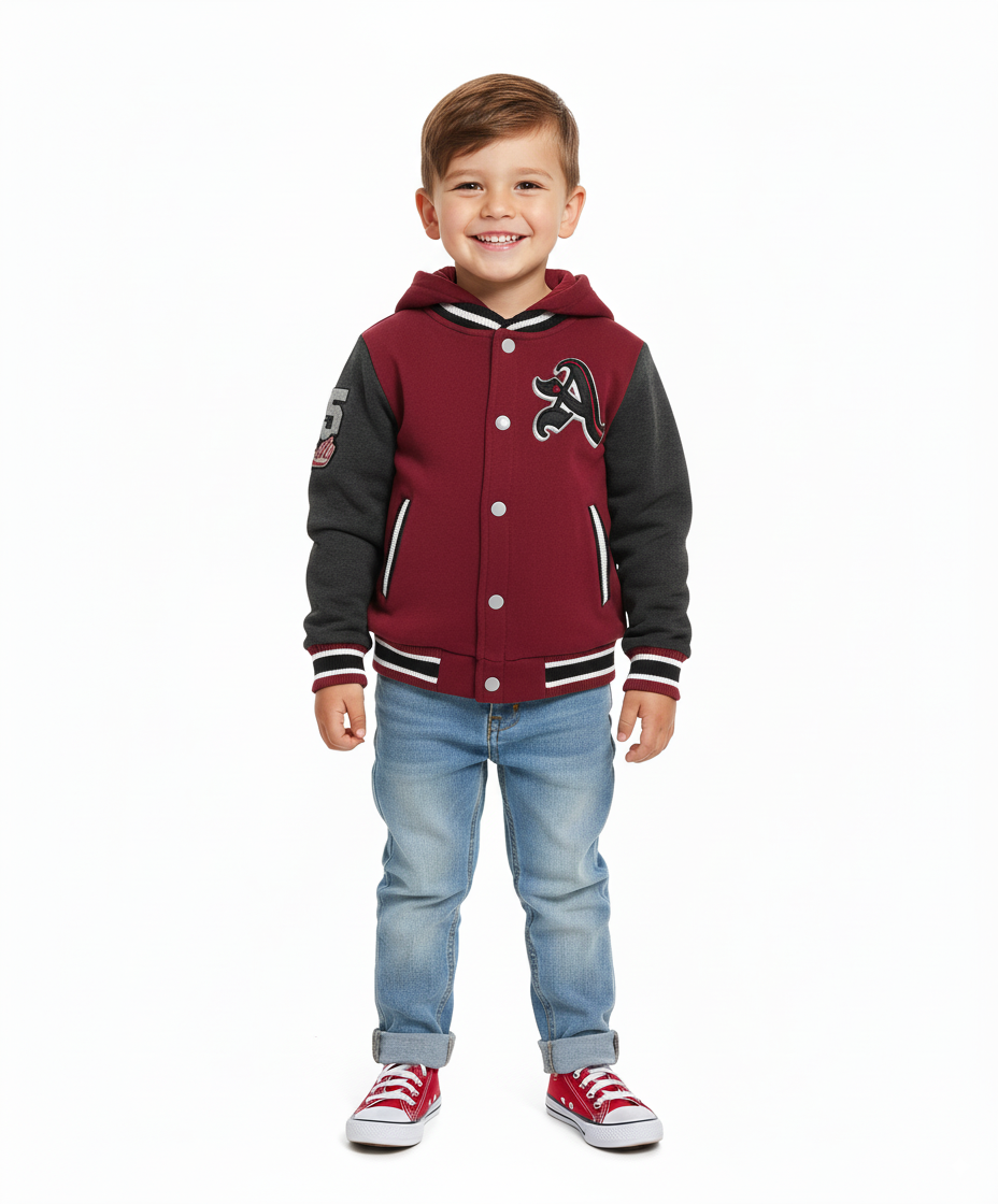 Boys Varsity Jacket with Letter A  Embroidery Burgundy BJ1988