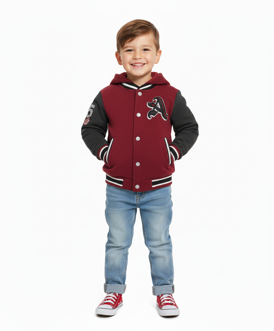 Boys Varsity Jacket with Letter A  Embroidery Burgundy BJ1988
