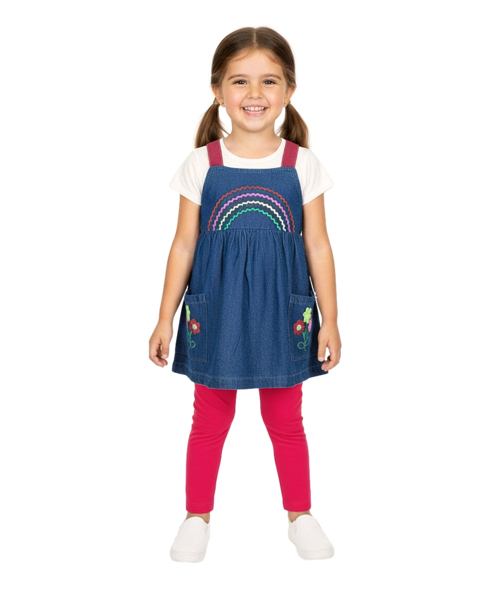 Embroidered Chambray Dress With Leggings Red BL2210